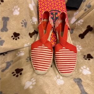 Tory Burch Red and Cream Striped Espadrilles
